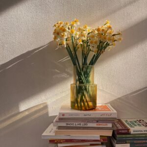 Aesthetic display of daffodils in a glass vase on a stack of books with sunlight.